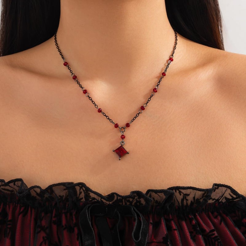 Cicod Gothic Y Necklace,Goth Black Red Crystal Bead Teardrop Necklace,Punk Y Necklace,Halloween Christmas New Year Jewelry Vampire Accessories for Women - Image 1